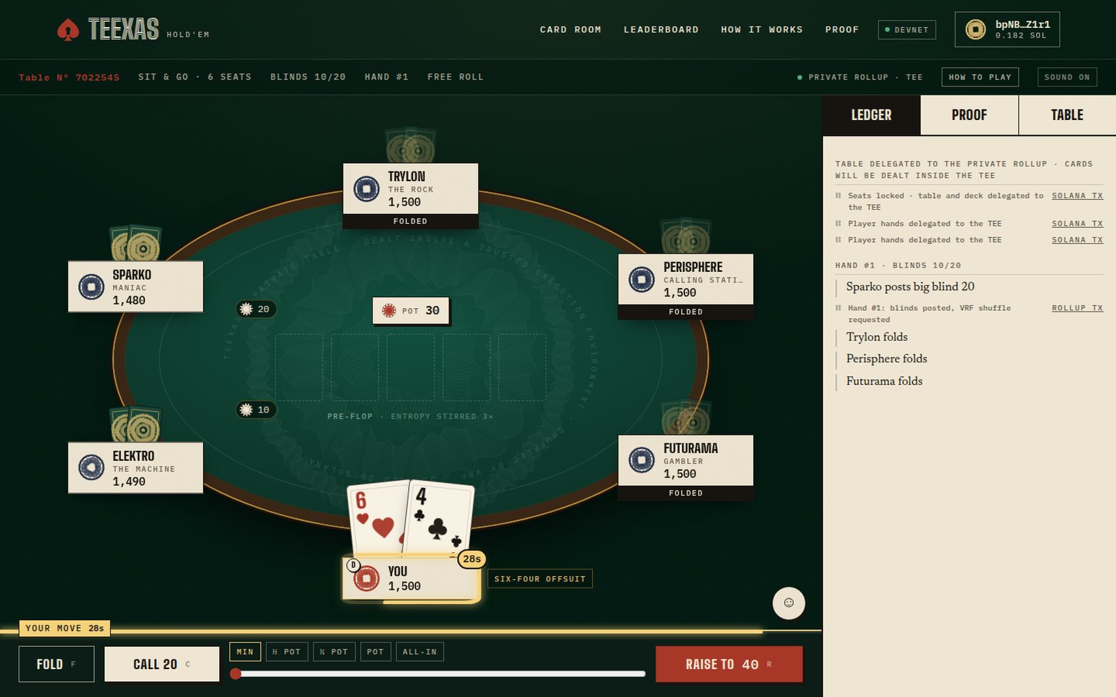 A five-seat table mid-hand, with the shot clock running on your move